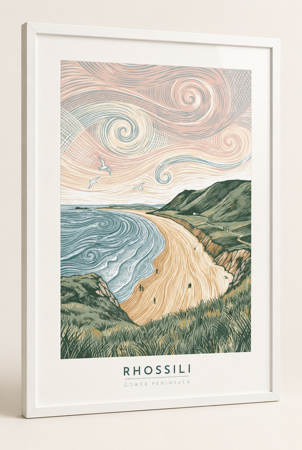 Rhossili Bay Gower Peninsula lino print framed in a 20mm white box frame with acrylic glazing