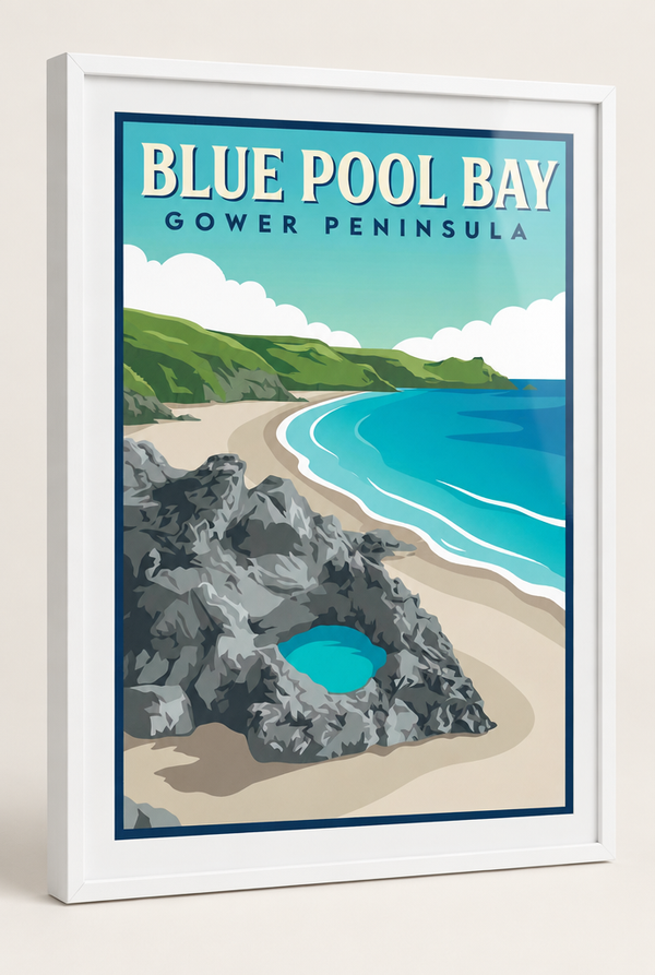 Blue Pool Bay Gower Peninsula print framed in a 20mm white box frame with acrylic glazing