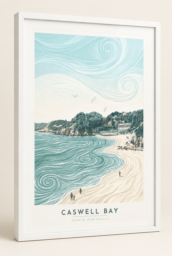 Caswell Bay Gower Peninsula lino print framed in a 20mm white box frame with acrylic glazing