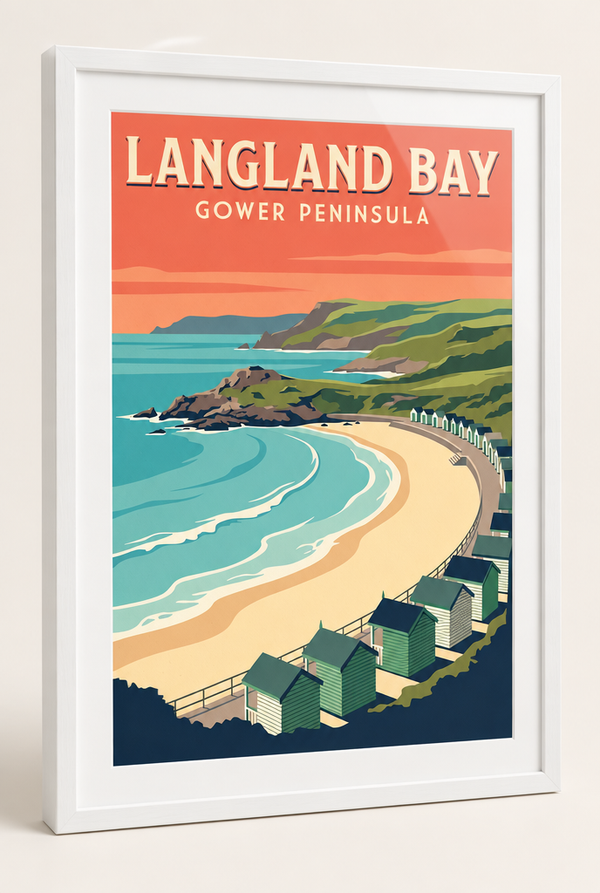 Langland Bay Gower Peninsula print framed in a 20mm white box frame with acrylic glazing