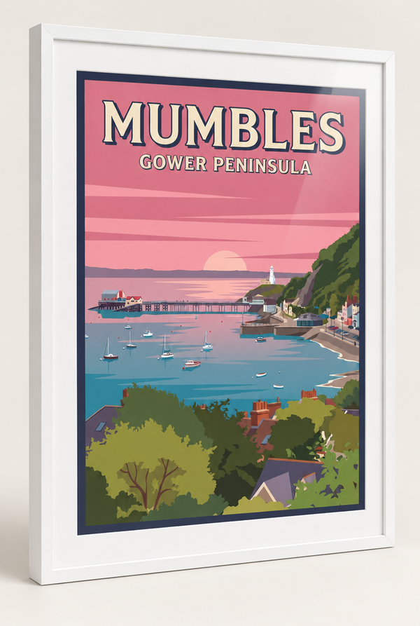 Mumbles Gower Peninsula print framed in a 20mm white box frame with acrylic glazing