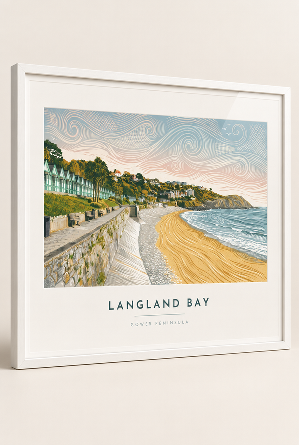 Langland Bay Gower Peninsula lino print framed in a 20mm white box frame with acrylic glazing
