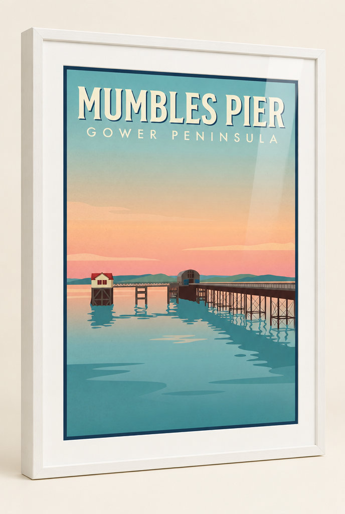Mumbles Pier Gower Peninsula print framed in a 20mm white box frame with acrylic glazing