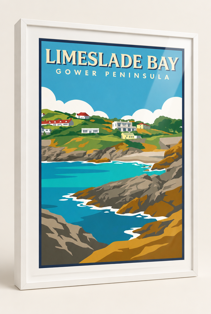 Limeslade Bay Gower Peninsula print framed in a 20mm white box frame with acrylic glazing