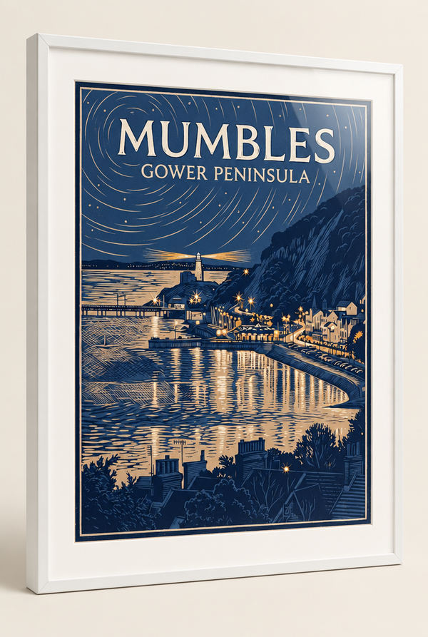 Mumbles Night Gower Peninsula lino print framed in a 20mm white box frame with acrylic glazing