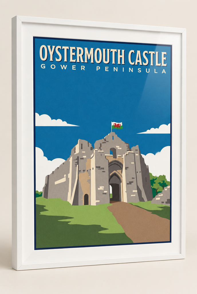Oystermouth Castle Gower Peninsula print framed in a 20mm white box frame with acrylic glazing