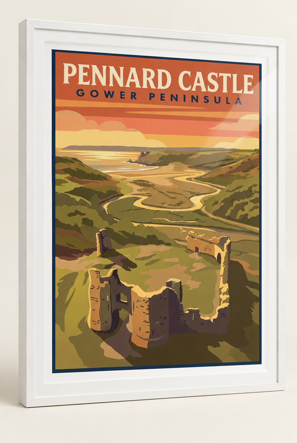 Pennard Castle Gower Peninsula print framed in a 20mm white box frame with acrylic glazing