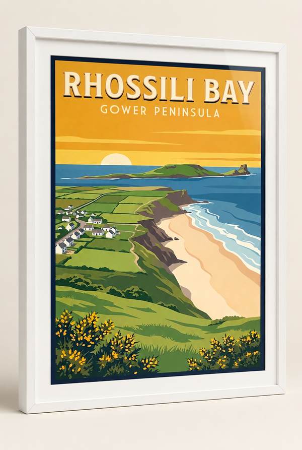 Rhossili Bay Gower Peninsula print framed in a 20mm white box frame with acrylic glazing