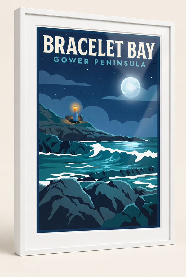 Bracelet Bay Gower Peninsula print framed in a 20mm white box frame with acrylic glazing