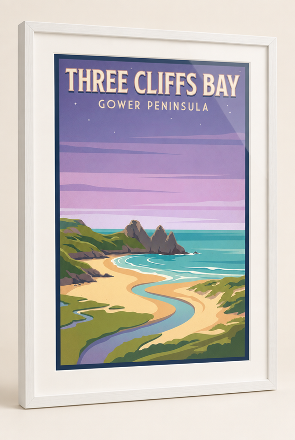 Three Cliffs Bay Gower Peninsula print framed in a 20mm white box frame with acrylic glazing