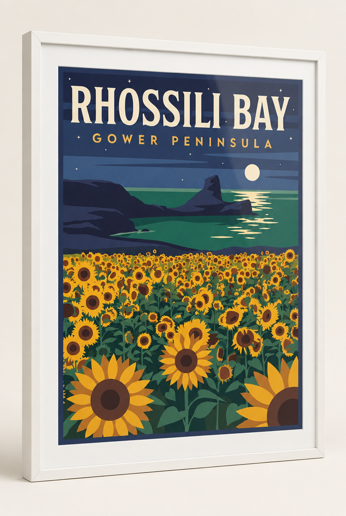 Rhossili Bay Sunflowers Gower Peninsula print framed in a 20mm white box frame with acrylic glazing