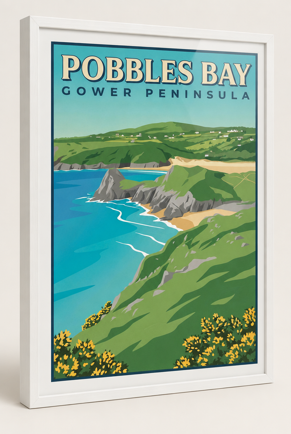 Pobbles Bay Gower Peninsula print framed in a 20mm white box frame with acrylic glazing