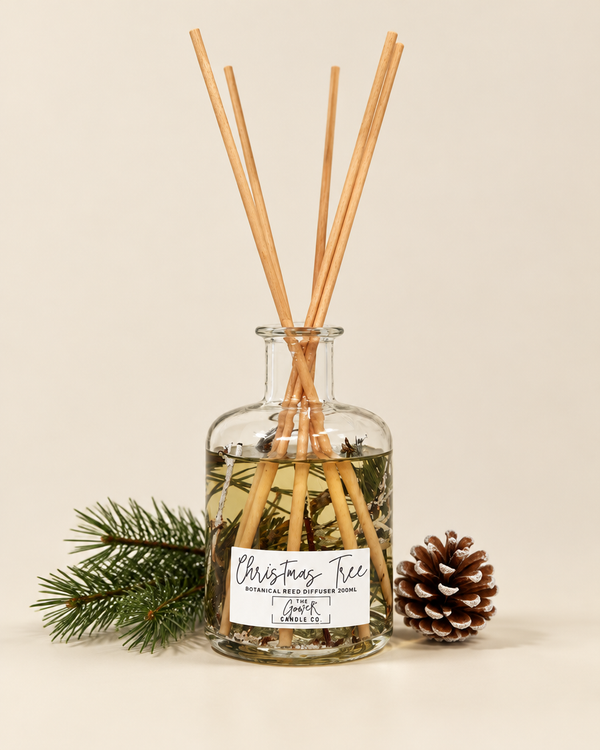 Christmas Tree botanical reed diffuser 200ml by The Gower Candle Co. with pine sprig and pine cone