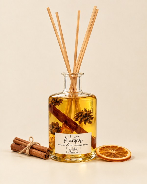 Winter botanical reed diffuser 200ml by The Gower Candle Co. with cinnamon sticks and dried orange