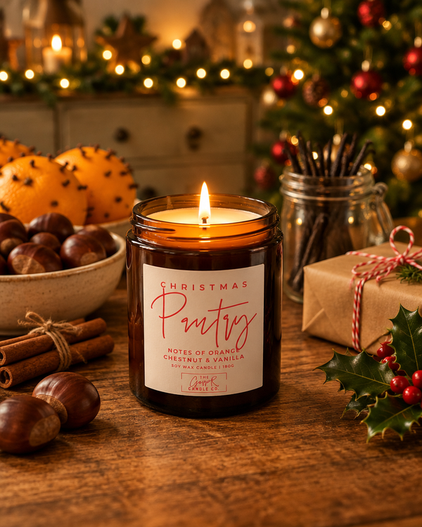Christmas Pantry amber jar soy candle lit on a festive kitchen table with chestnuts and oranges
