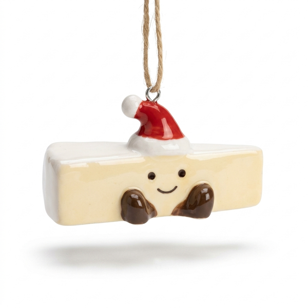 Ceramic Brie Cheese Christmas Decoration on a white background