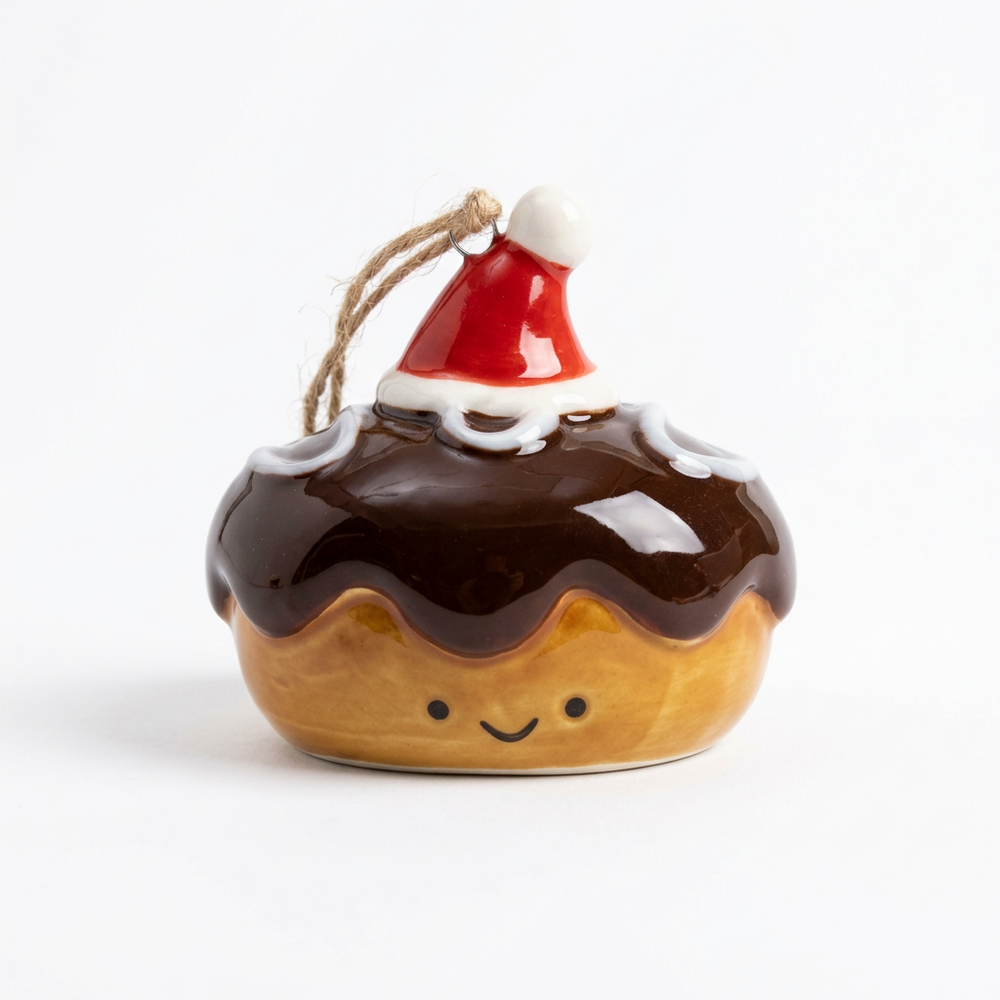 Ceramic Chocolate Iced Bun Christmas Decoration on a white background