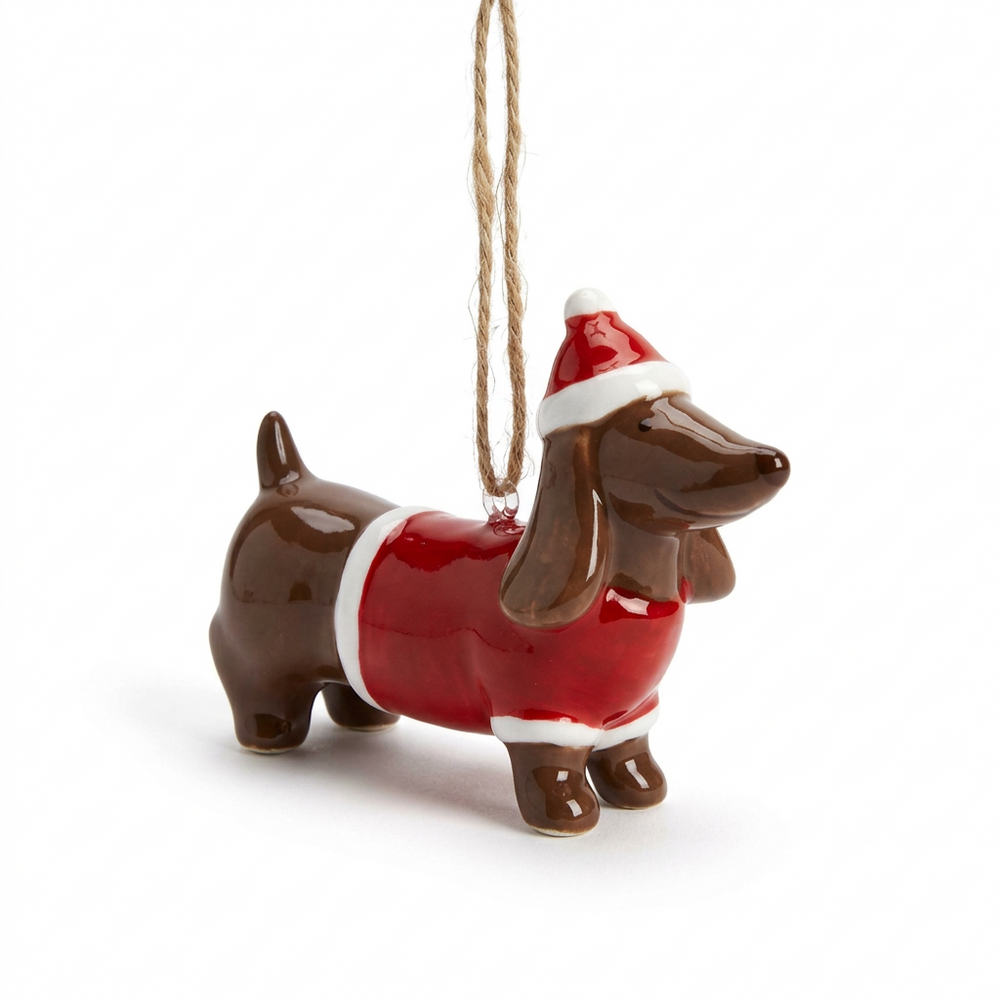 Ceramic Sausage Dog Christmas Decoration on a white background
