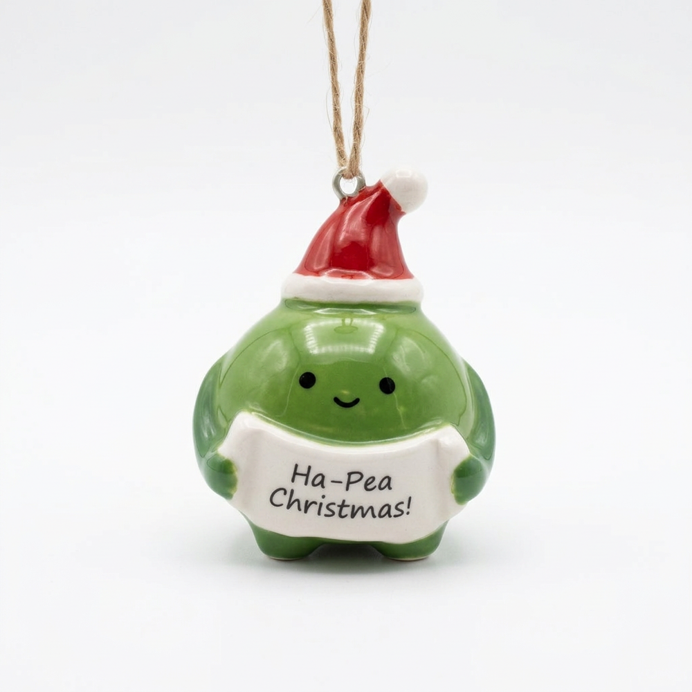 Ceramic 'Ha-Pea Christmas' Pea Decoration on a white background