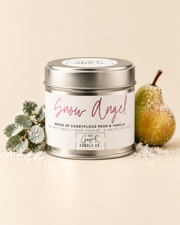 Snow Angel silver soy candle by The Gower Candle Co. with frosted eucalyptus and a pear