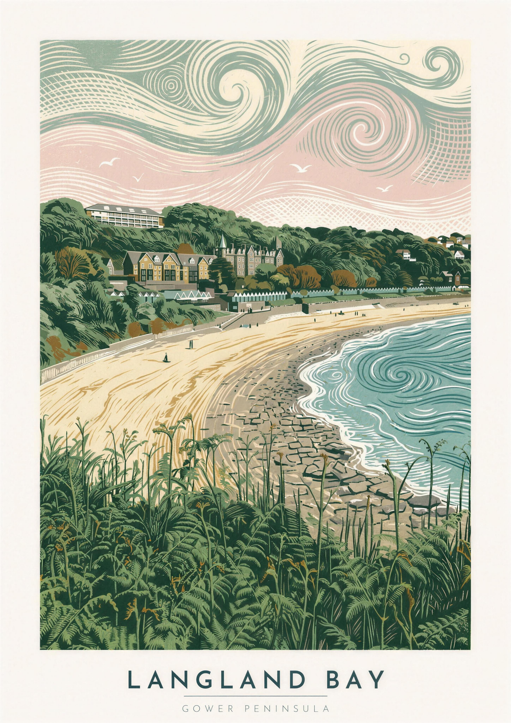 Langland Bay lino print, portrait — Gower Peninsula