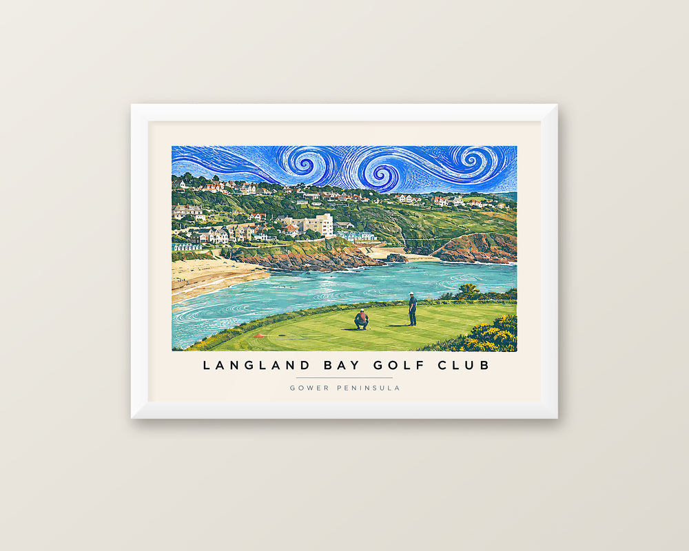 Langland Bay Golf Club Gower Peninsula lino print framed in a 20mm white box frame with acrylic glazing