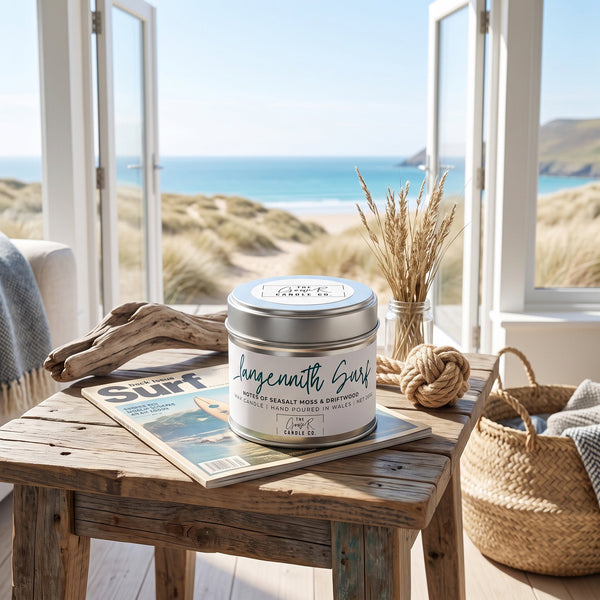 Llangennith Surf soy candle in a reusable tin, sea spray and coconut scent, by The Gower Candle Co.