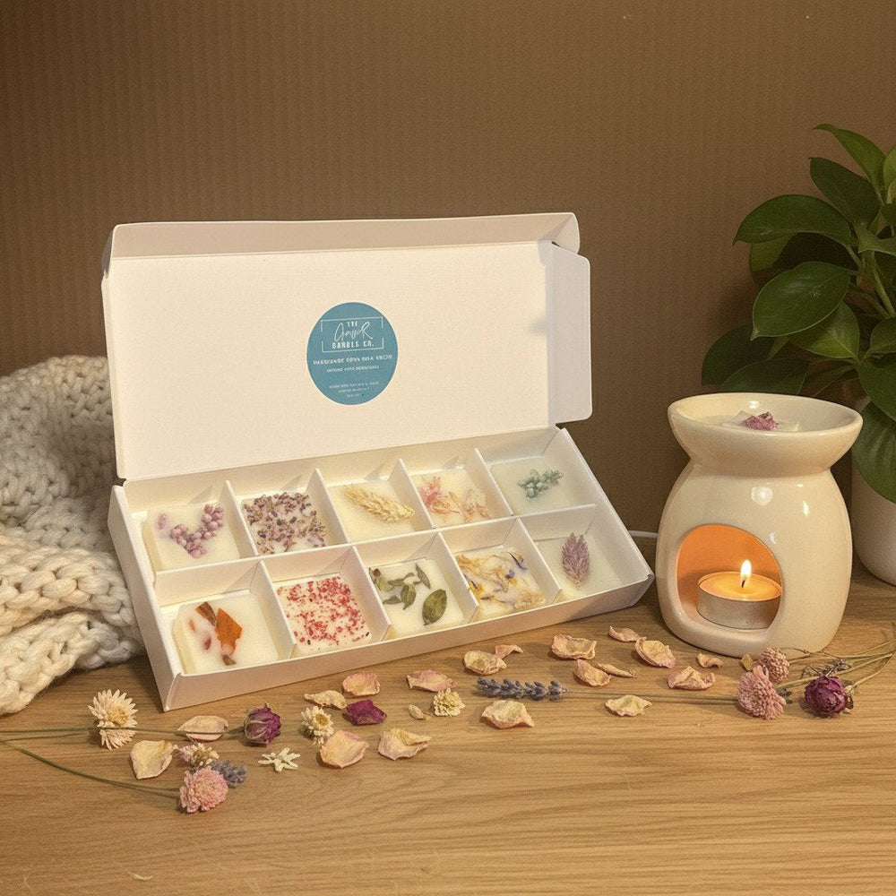Botanical wax melt gift box of ten with lit ceramic wax burner, hand-poured by The Gower Candle Co. in Mumbles