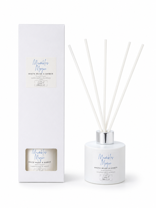 Mumbles Magic white musk and amber reed diffuser with gift box, handpoured in Wales by The Gower Candle Co.