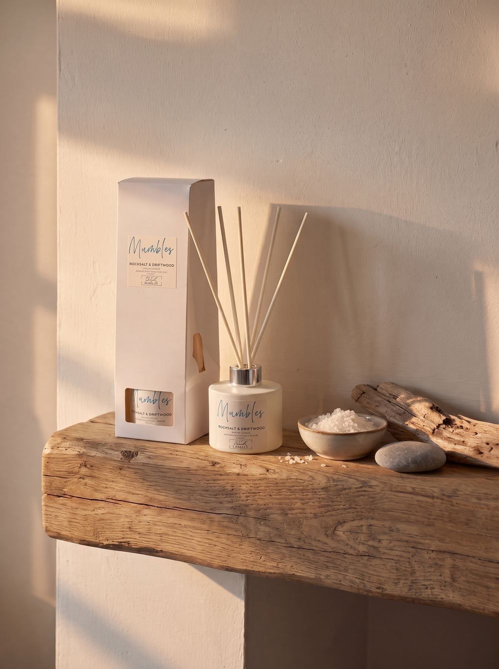 Mumbles reed diffuser with reed sticks, rocksalt and driftwood scent, by The Gower Candle Co.