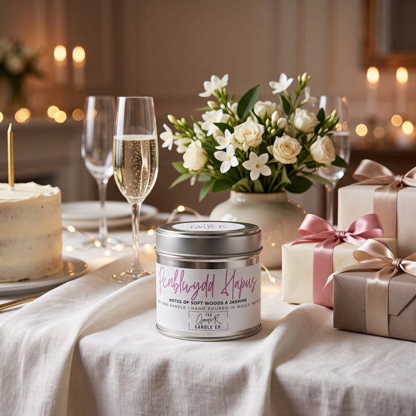 Penblwydd Hapus soy candle in a reusable tin, celebration cake and vanilla scent, by The Gower Candle Co.
