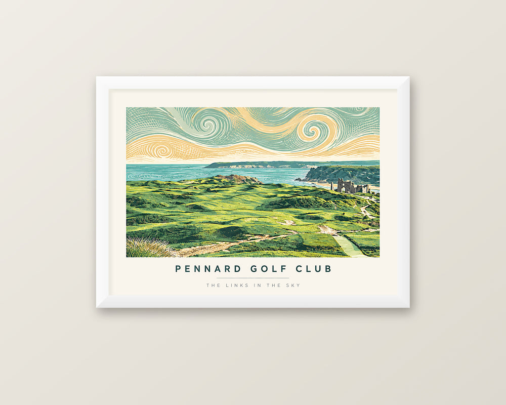Pennard Golf Club links view Gower Peninsula lino print framed in a 20mm white box frame with acrylic glazing