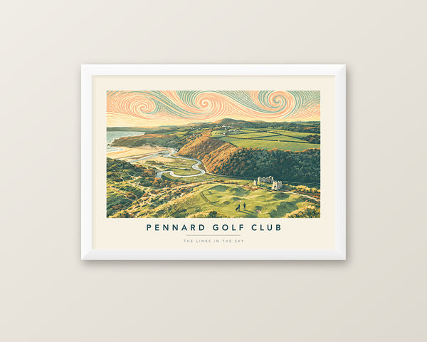 Pennard Golf Club Gower Peninsula lino print framed in a 20mm white box frame with acrylic glazing