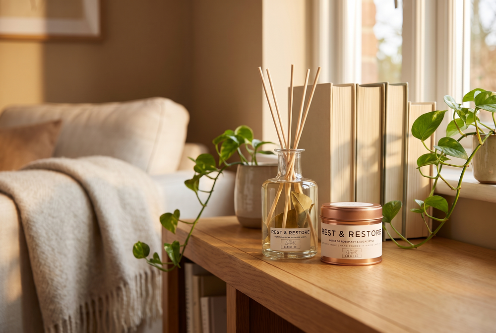 Rest & Restore botanical reed diffuser and matching rose gold candle bundle by The Gower Candle Co., styled on a wooden console with books and trailing plants