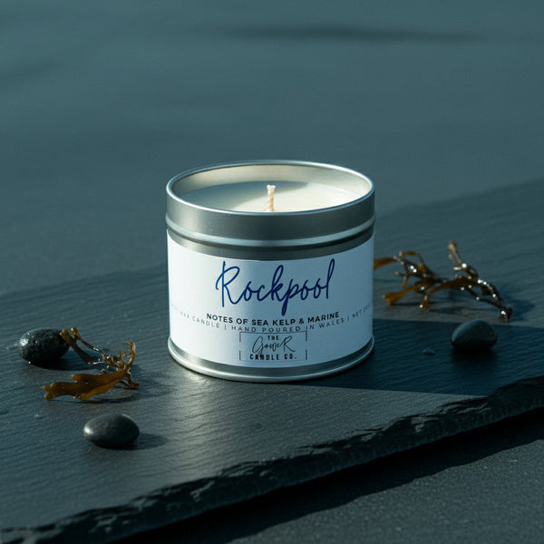 Rockpool soy candle in a reusable tin, sea minerals and green seaweed scent, by The Gower Candle Co.