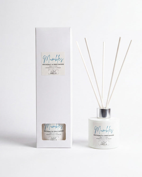 Mumbles rocksalt and driftwood reed diffuser with gift box on white background, handpoured in Wales by The Gower Candle Co.