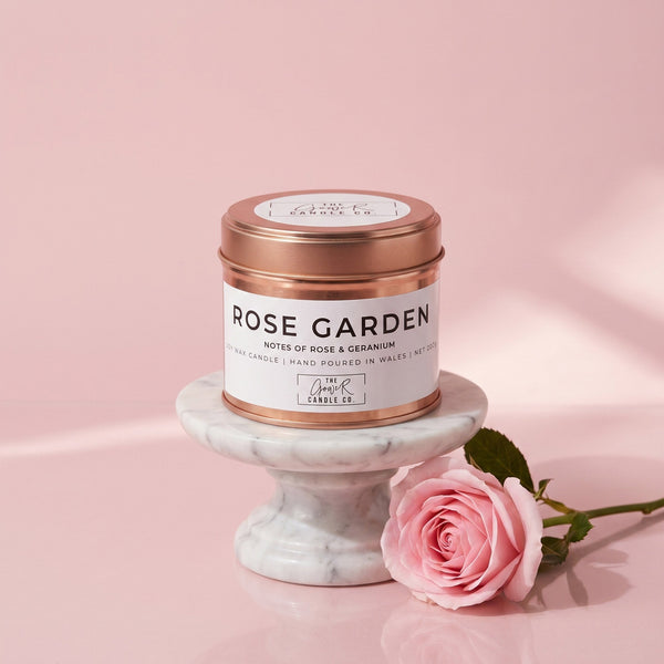 Rose Garden soy candle in a reusable tin, English rose and peony scent, by The Gower Candle Co.