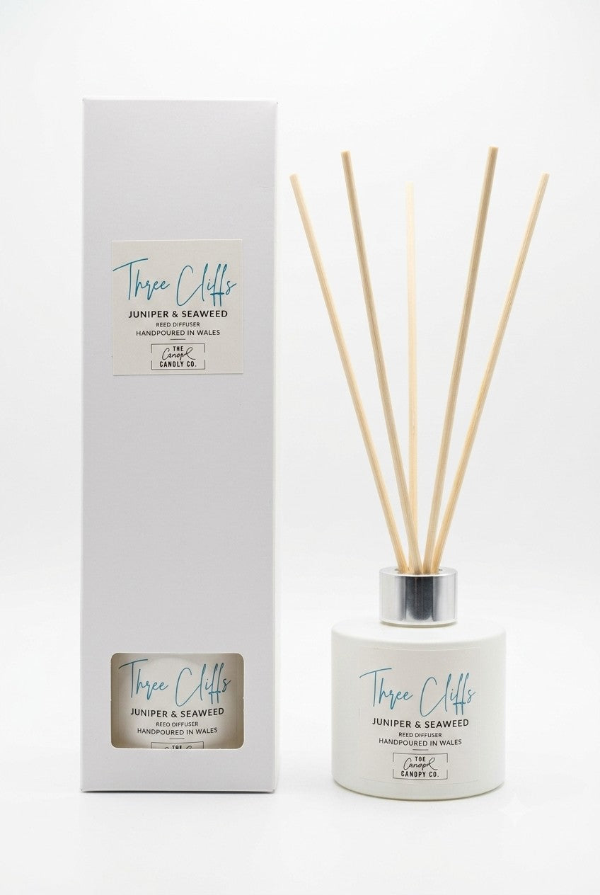 Three Cliffs juniper and seaweed reed diffuser with gift box on white background, handpoured in Wales by The Gower Candle Co.