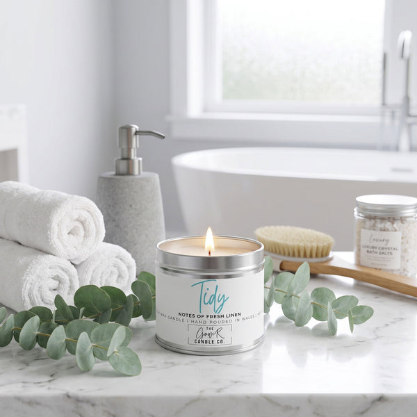 Tidy soy candle in a reusable tin, fresh cotton and clean linen scent, by The Gower Candle Co.